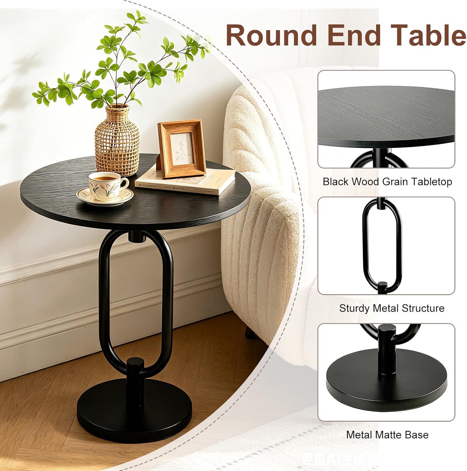 17In Black Round Side Table Modern End Table Stable Sofa Side Table with Heavy Duty Base Integrated Accent Coffee Table Nightstand for Living Room Bedroom Backyard