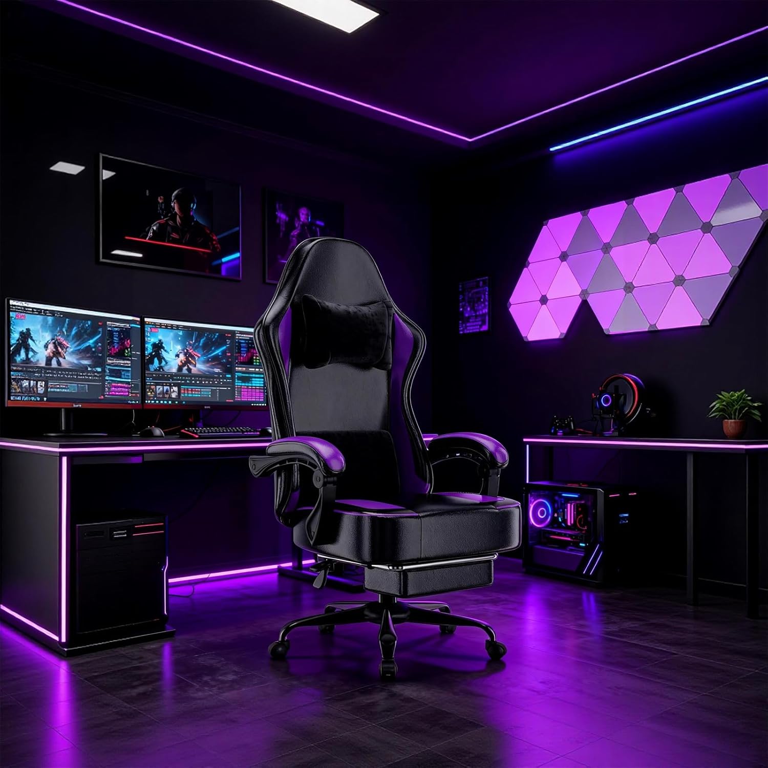 Gaming Chair with Pocket Spring Cushion and Footrest, Ergonomic Computer Chair for Adults, Breathable PU Leather Game Chair