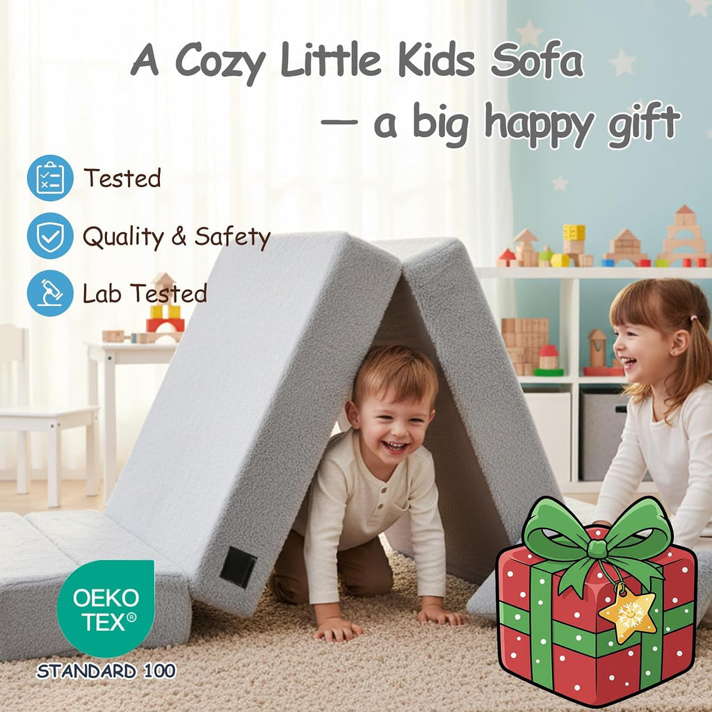 Tiita Kids Floor Mattress for Toddler, Child Fold Up Sofa Couch Convertible Futon Folding Chair with Storage Bag for Kids, Plush Grey