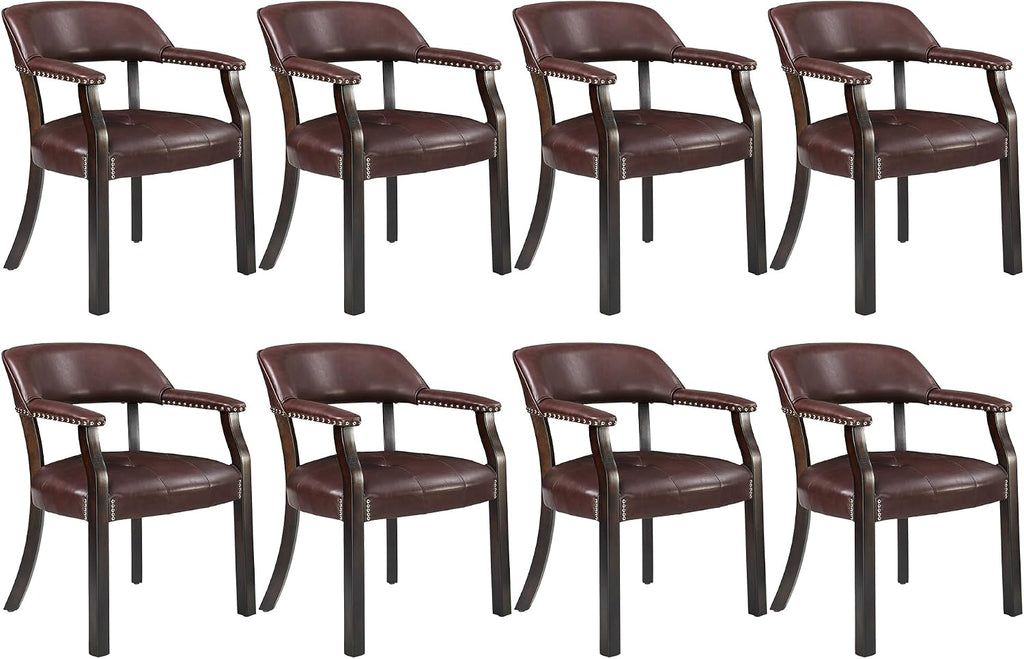 LEEMTORIG Set of 8 Faux Leather Dining Chairs with Arms, Supportive Back, Espresso Legs & Dark Wine Red PU CY-NX173-318WR