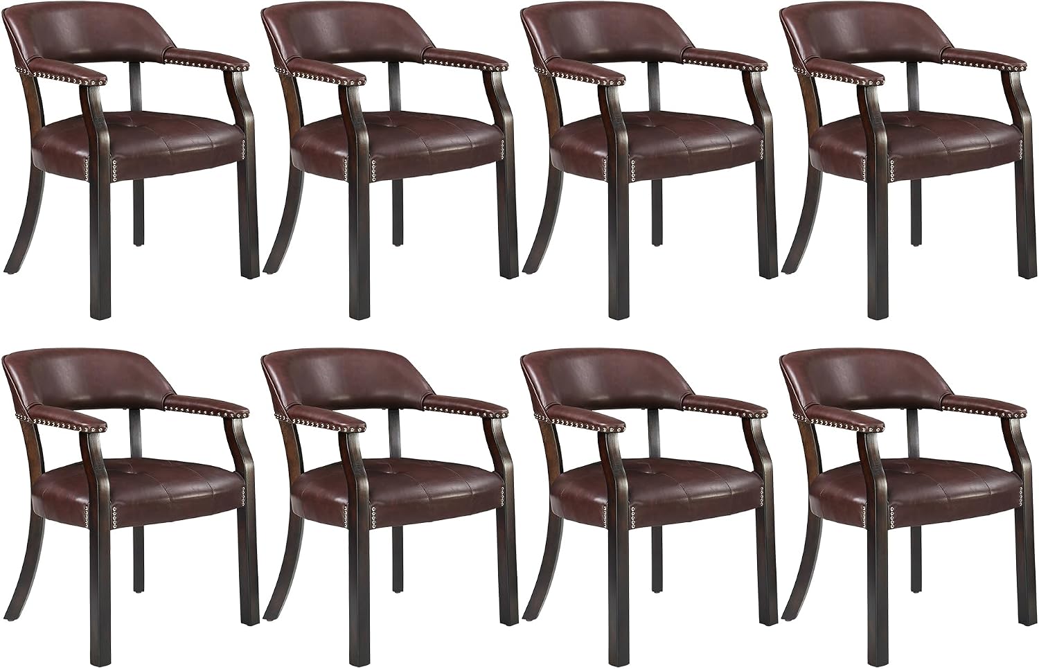 LEEMTORIG Set of 8 Faux Leather Dining Chairs with Arms, Supportive Back, Espresso Legs & Dark Wine Red PU CY-NX173-318WR