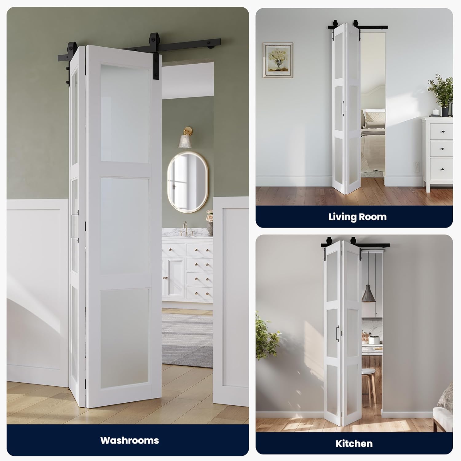 SMARTSTANDARD 64in x 84in Bifold Barn Door, Frosted Glass Barn Door with Hardware Kit Included, Pre-Drilled Holes Easy Assembly -Solid Barn Doors Slab Covered with Water-Proof PVC Surface, White