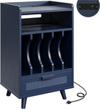 LIKIMIO Record Player Stand with Power Outlets, 1 Drawer & Vinyl Storage up to 150 Albums, Wooden Turntable Stand for Files/Book/LP, Mid-Century Modern Media Cabinet for Small Spaces, Blue