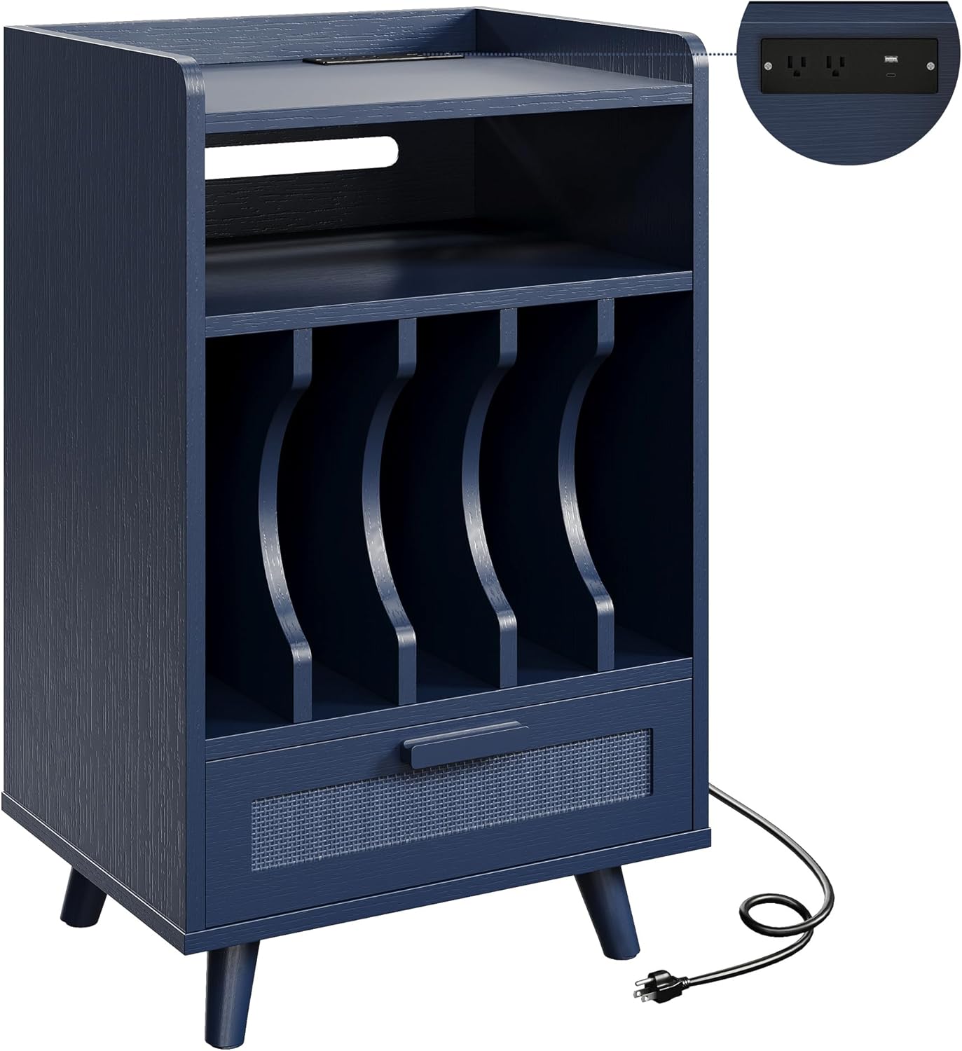 LIKIMIO Record Player Stand with Power Outlets, 1 Drawer & Vinyl Storage up to 150 Albums, Wooden Turntable Stand for Files/Book/LP, Mid-Century Modern Media Cabinet for Small Spaces, Blue