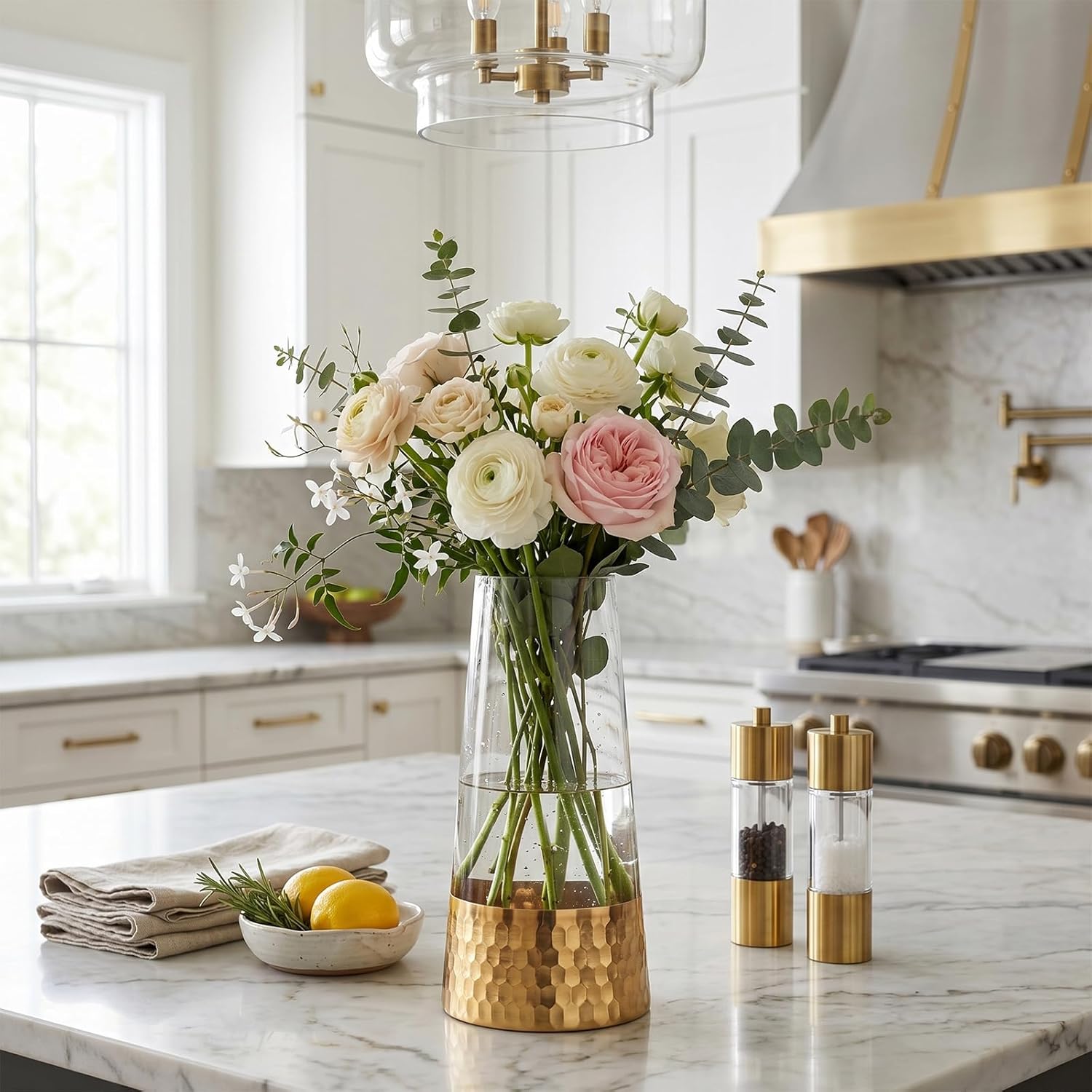 MyGift Glass and Gold Bottom Flower Vases, 10 inch Clear Glass Vases for Table Centerpieces Home Decor