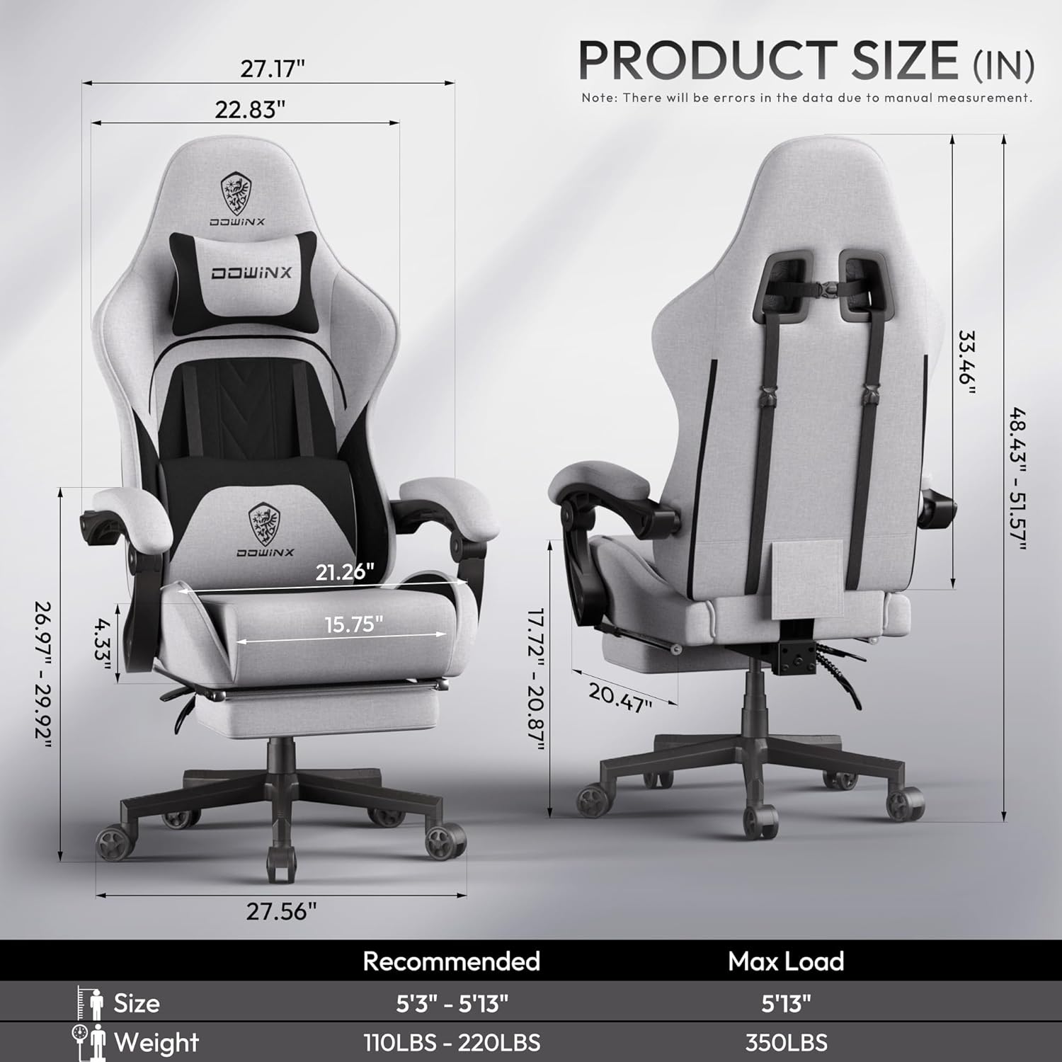 Dowinx Big and Tall Gaming Chair Fabric with Footrest Pocket Spring Cushion for Home Office, High Back Recliner Height Adjustable Ergonomic Comfy Cloth Computer Desk Chair, Black Grey