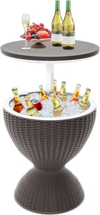 Patio Cool Bar Table, Height-Adjustable Outdoor Bar Tables 8 Gallon Beer and Wine Cooler, 3-in-1 Rattan Style Ice Cooler with Drainage Plug for Pool Party (Grey)
