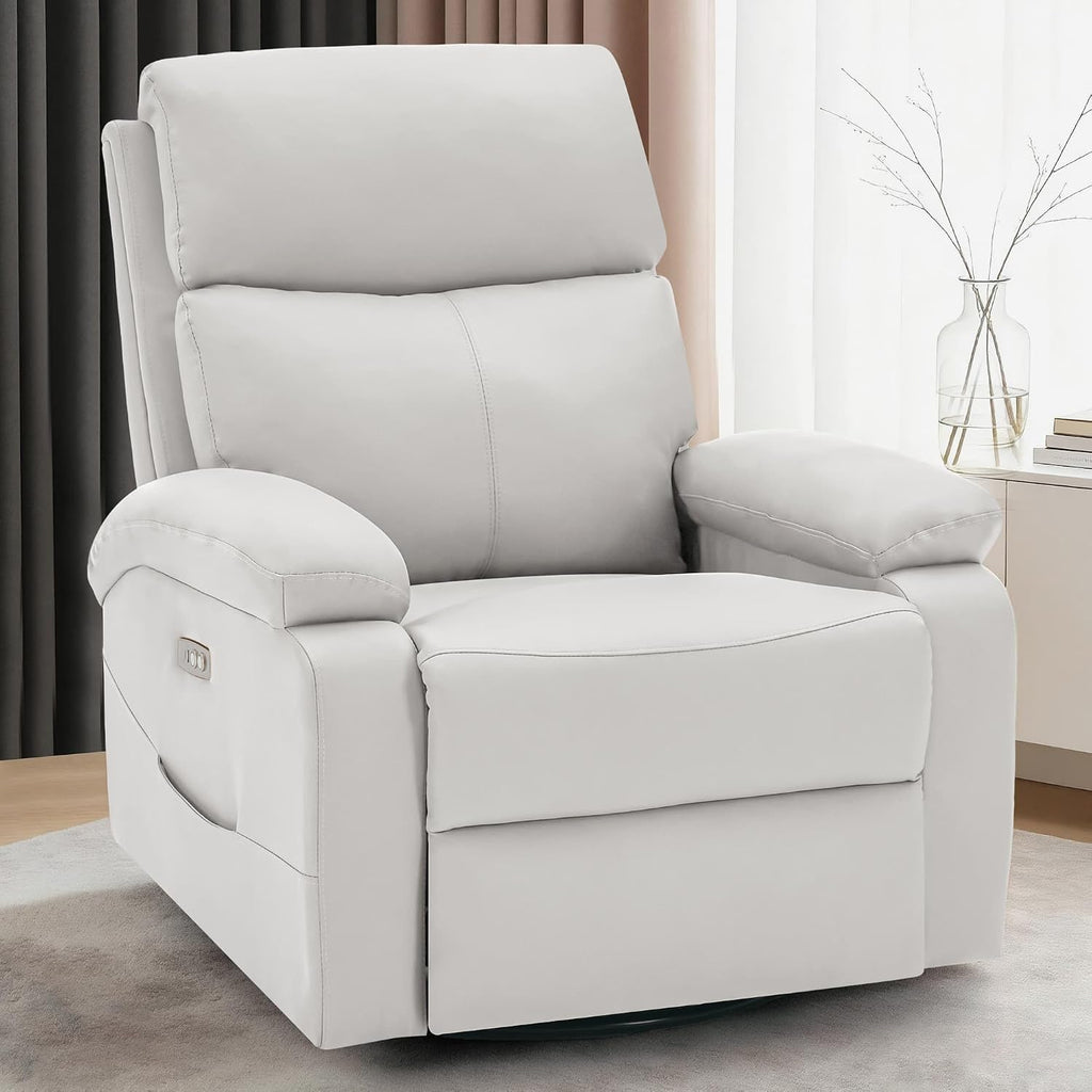 Korser Power Swivel Rocker Recliner Chair. Electric Glider Rocking Chair Nursery with Massage & Heat. PU Leather Nursery Rocking Chairs with USB & Type-C Ports for Living Room, Bedroom, Nursery, White