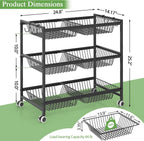 3-Tier Rolling Pantry Floor Organizer Cart with 6 Detachable Baskets, Metal Wire Fruit Basket Stand with Wheels, Kitchen Storage Cart for Fruit Vegetables, Snack Cart for Pantry Kitchen Living Room