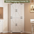 IRONCK Corner Cabinet, 72" Kitchen Pantry Cabinet, 6-Tier Freestanding Farmhouse Pantry with 2 Adjustable Shelves, 240°Swivel Doors, 2 Doors Storage, Spacious Hutch for Kitchen, Living Room, White