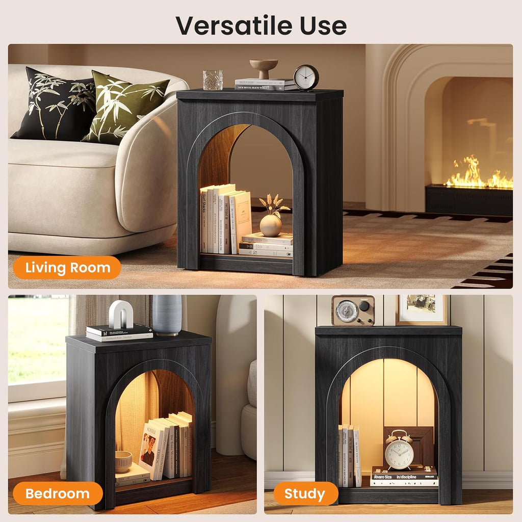Sikaic Arched End Table Set of 2 with LED Lights, Modern NightStand with Arch Open Shelf, Sofa Side Table for Bedroom, Easy Assembly, Black