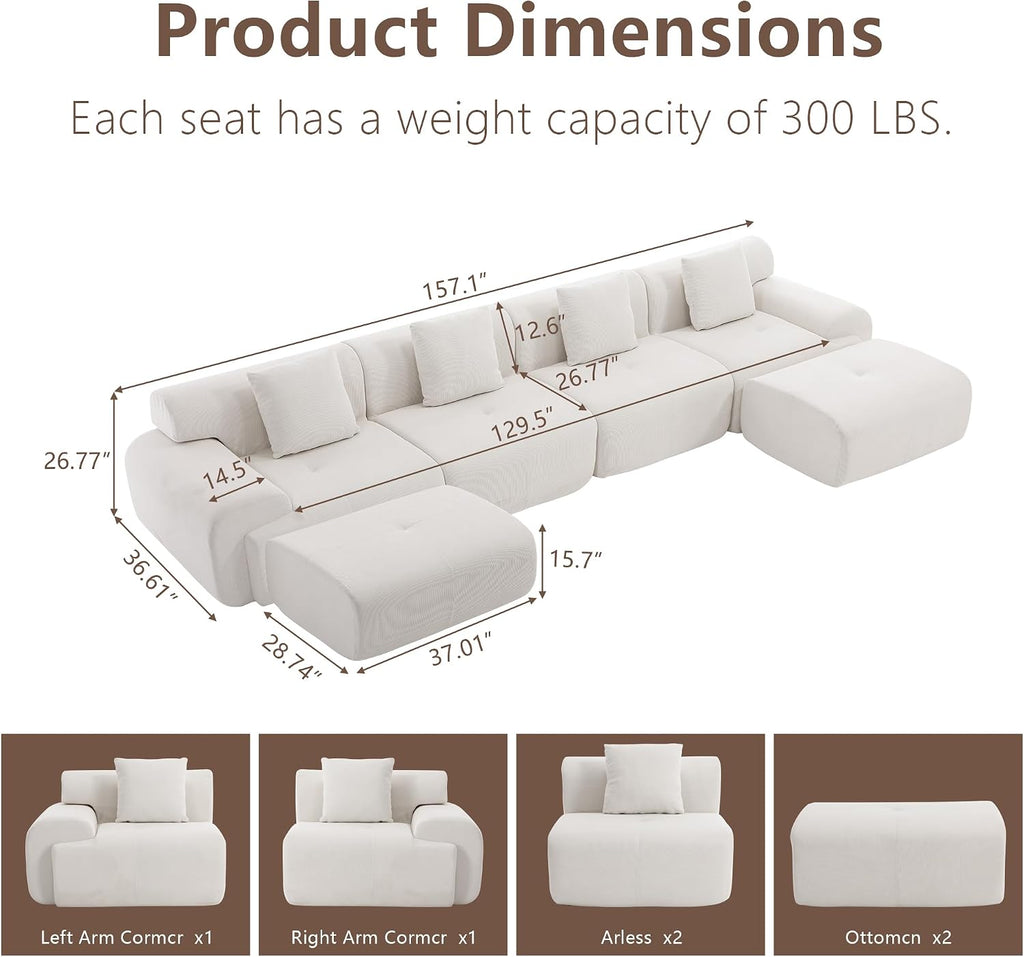 L-Shaped Boneless Modular Sectional Sofa, Boneless Sectional Couch, Oversized 3-Seater Cloud Couch with Deep Seat and Movable Ottoman for Living Room, Apartment (Beige, 3 Seater with 2 Ottoman)