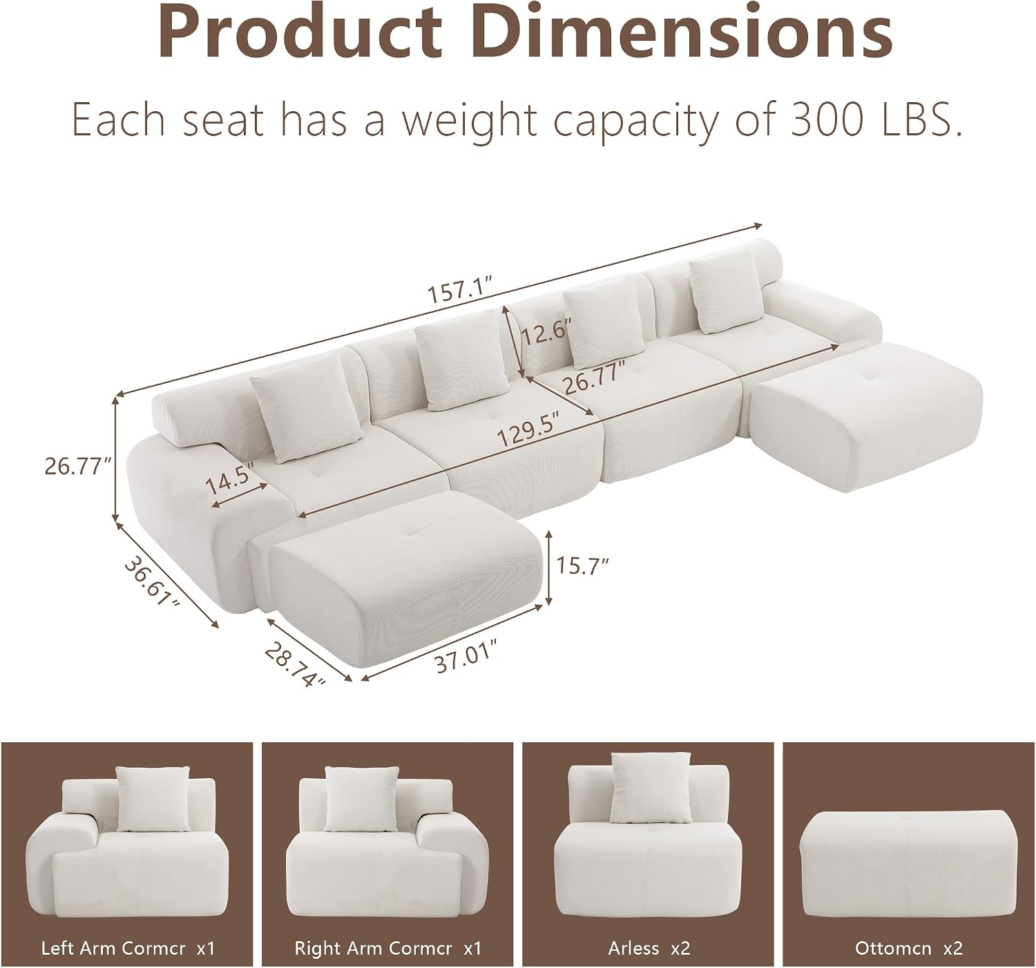 L-Shaped Boneless Modular Sectional Sofa, Boneless Sectional Couch, Oversized 3-Seater Cloud Couch with Deep Seat and Movable Ottoman for Living Room, Apartment (Beige, 3 Seater with 2 Ottoman)