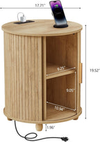 Set of 2 Fluted Round End Table with Charging Station, Small Farmhouse Sofa Side Table with Sliding Tambour Door & Storage, Mid-Century Wood Fulted Nightstands for Living Room, Bedroom (Natural)