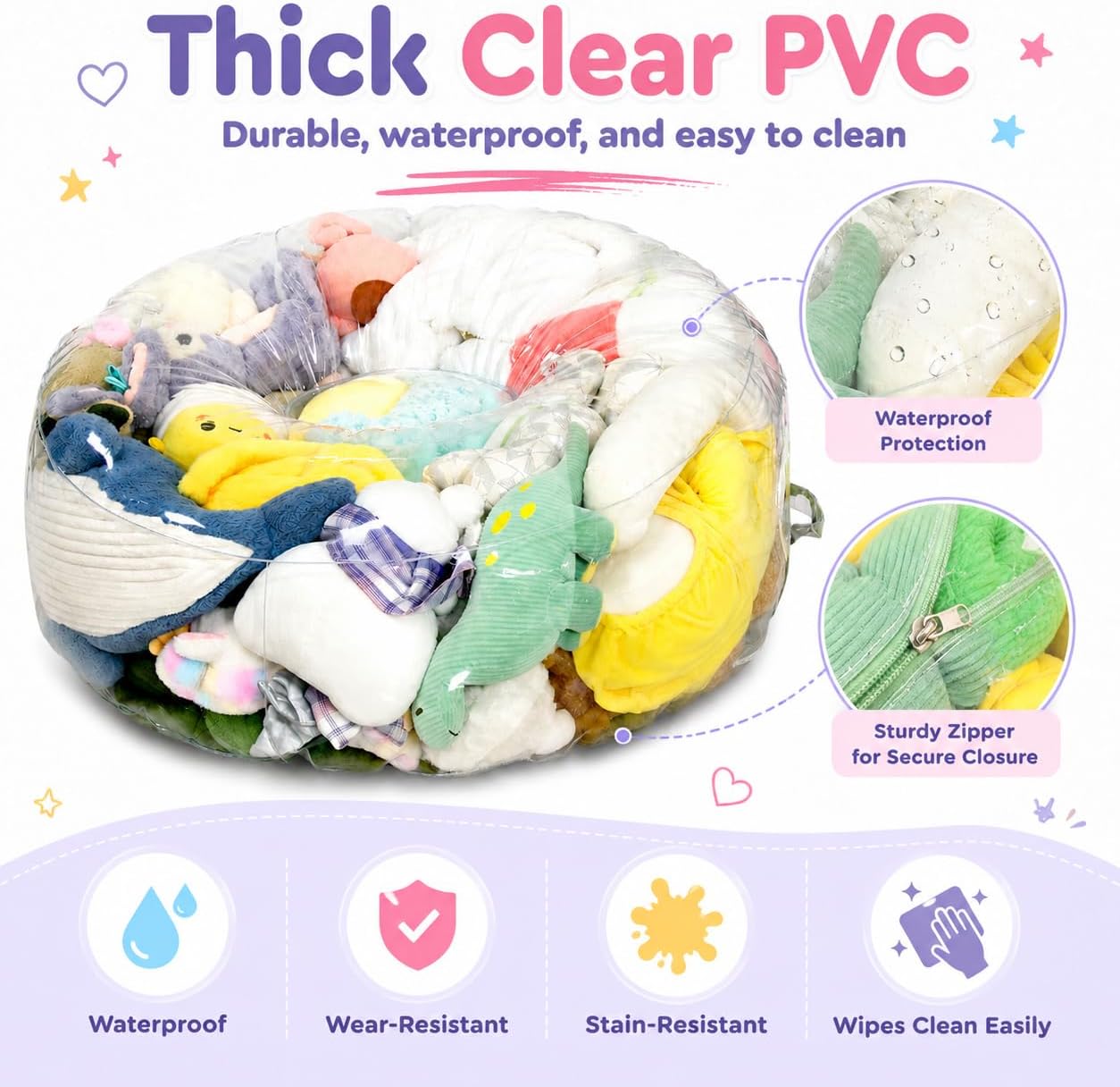 Clear Stuffed Animal Storage Bean Bag Chair Cover for Kids with Zipper | Transparent Waterparoof, Wipe Clean Thicker PVC, Holds 50+ Stuffed Animals, Double Zipper for Plush Toys Storage & Organizing