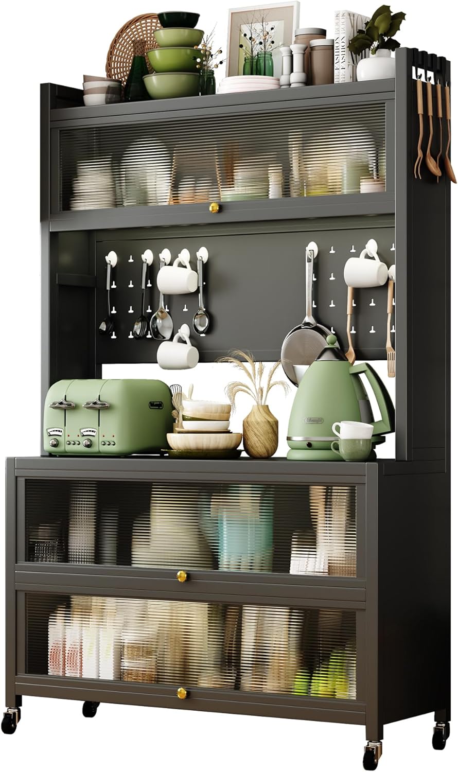 JOYBASE Kitchen Pantry Storage Cabinet with Doors and Wheels, 65" Tall Freestanding Buffet Pantry Cabinet with Microwave Stand Pantry with Storage (Dark Gray, Steel)