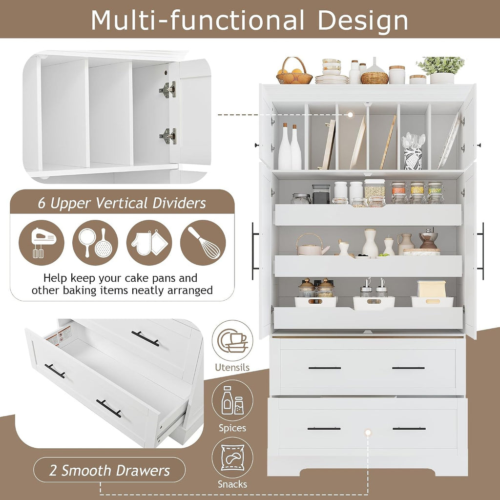 JIJIWANG 72.6" H Farmhouse Freestanding Kitchen Pantry Storage Cabinet with Drawers and Shelves, Buffet with Pull-Out Trays and Cake Pan Storage Organizer White