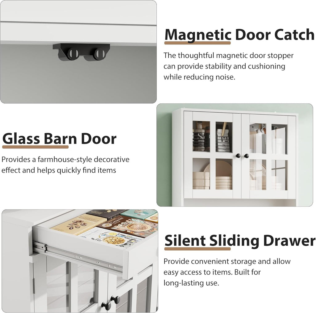 Garvee 72 Inch Kitchen Pantry Cabinet with Glass Doors, Drawer and Adjustable Shelves, Farmhouse Tall Storage Cabinet with Open Countertop, Coffee Bar Cabinet for Coffee Corner, White
