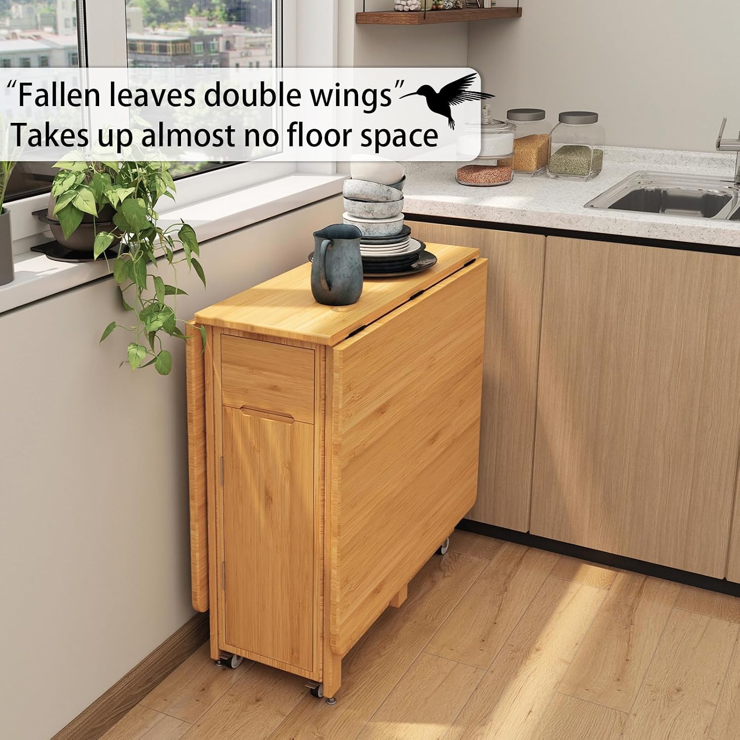 Folding Dining Table Set for 4, Foldable Kitchen Dinning Set with Chairs | Bamboo, Double Drop Leaf Device, Inside of Dinner Table Can Store Fold Chairs, Assembly Free for Compact Apartment - Wood