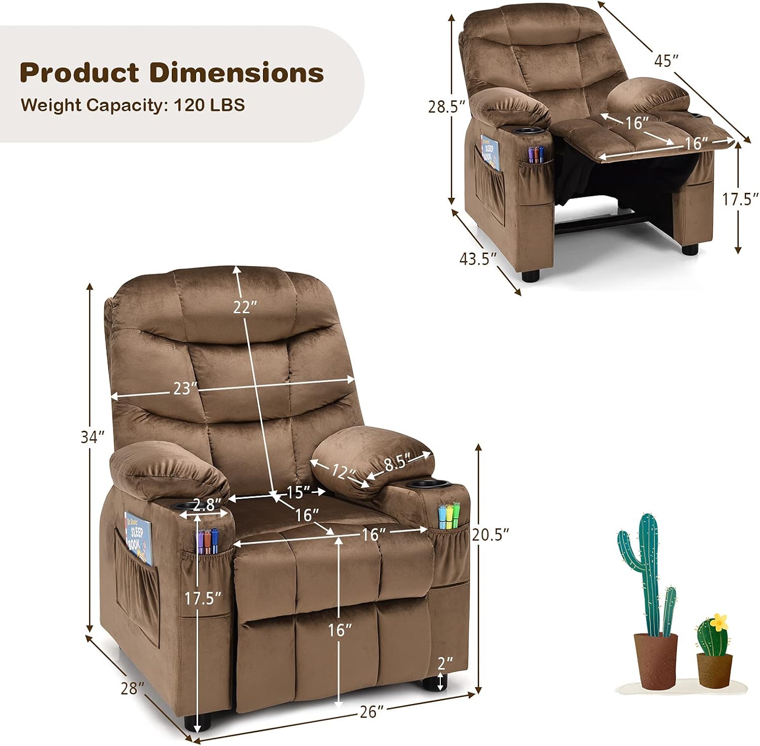 Kids Recliner, Kids Recliner Chair w/ 2 Cup Holders, Velvet Fabric Chairs Comfy w/Adjustable Backrest & 3 Pockets, Toddler Furniture Sofa for Boys Girls Aged 3+