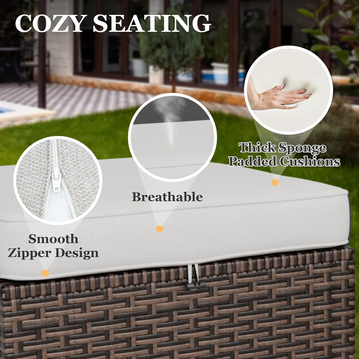 EAGLE PEAK Ocean Vista 2 Piece Wicker Patio Ottoman Set Weather-Resistant Cushions for Patio Deck Backyard Poolside, Beige