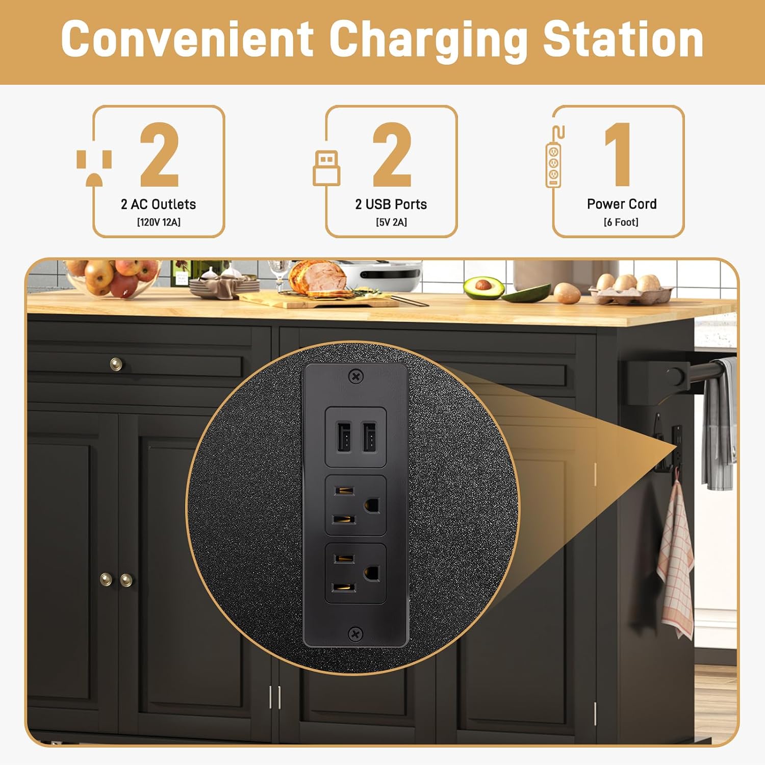 Hlivelood 59.1" Movable Kitchen Island with Drop Leaf and Power Outlet, Rolling Island Cart w/Storage Cabinet, Island Table on Wheels for Kitchen w/2 Drawers, Spice Rack, Towel Bar, Garage Hook, Black