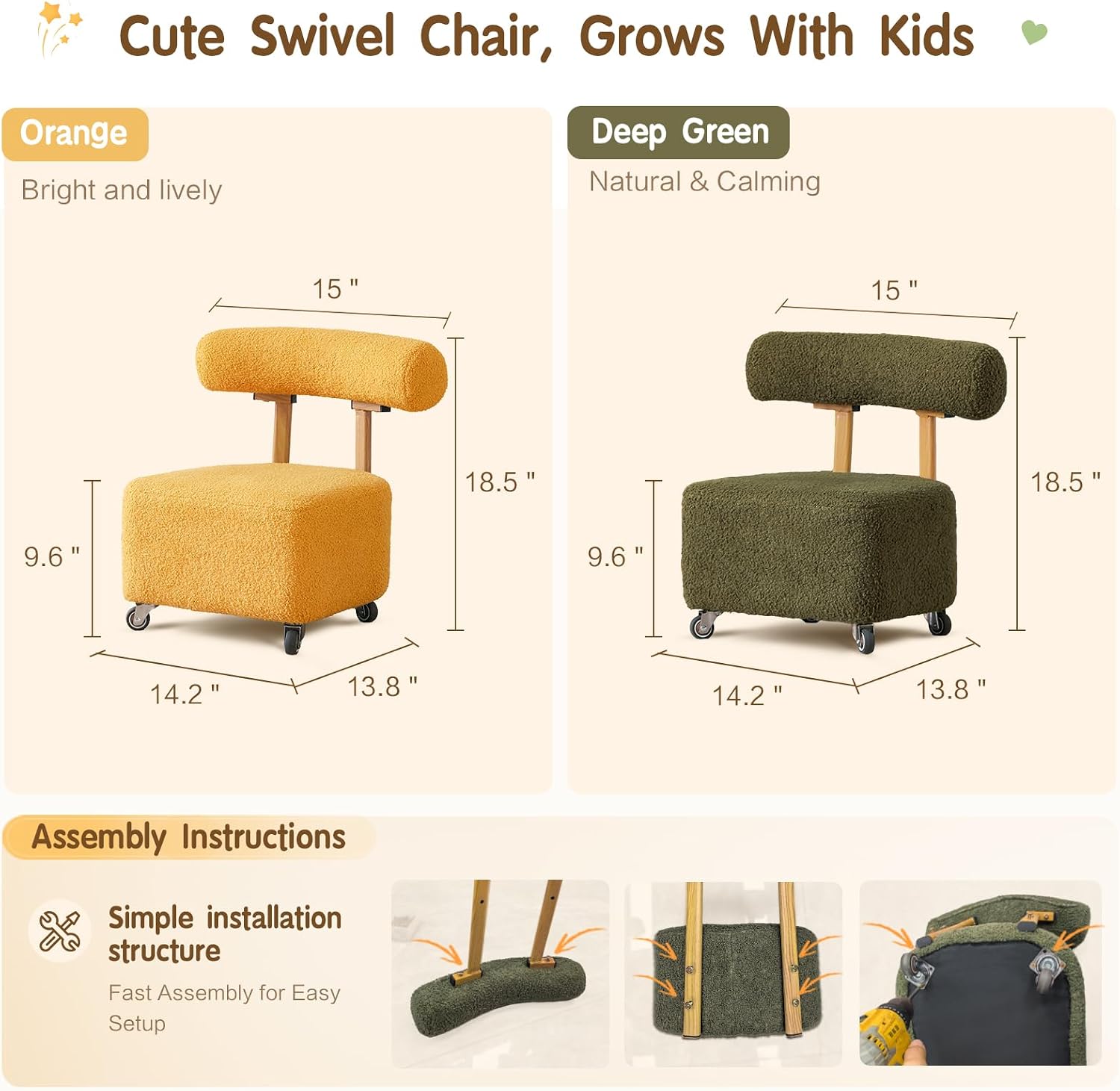 Toddler Rolling Chair with Backrest, Yellow | 230lbs Heavy Duty, Boucle Low Rolling Stool, Cute Sensory Furry Small Chair, 3-8 Years Old