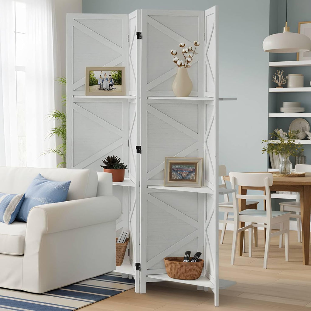 Modern Room Divider with Shelves, White X-Shape Design Folding Partition, 8-Panel Contemporary Freestanding Divider for Bedroom&Office, 67" H x 125.6" W(Two Independent 4-Panel partitions)