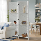 Modern Room Divider with Shelves, White X-Shape Design Folding Partition, 8-Panel Contemporary Freestanding Divider for Bedroom&Office, 67" H x 125.6" W(Two Independent 4-Panel partitions)
