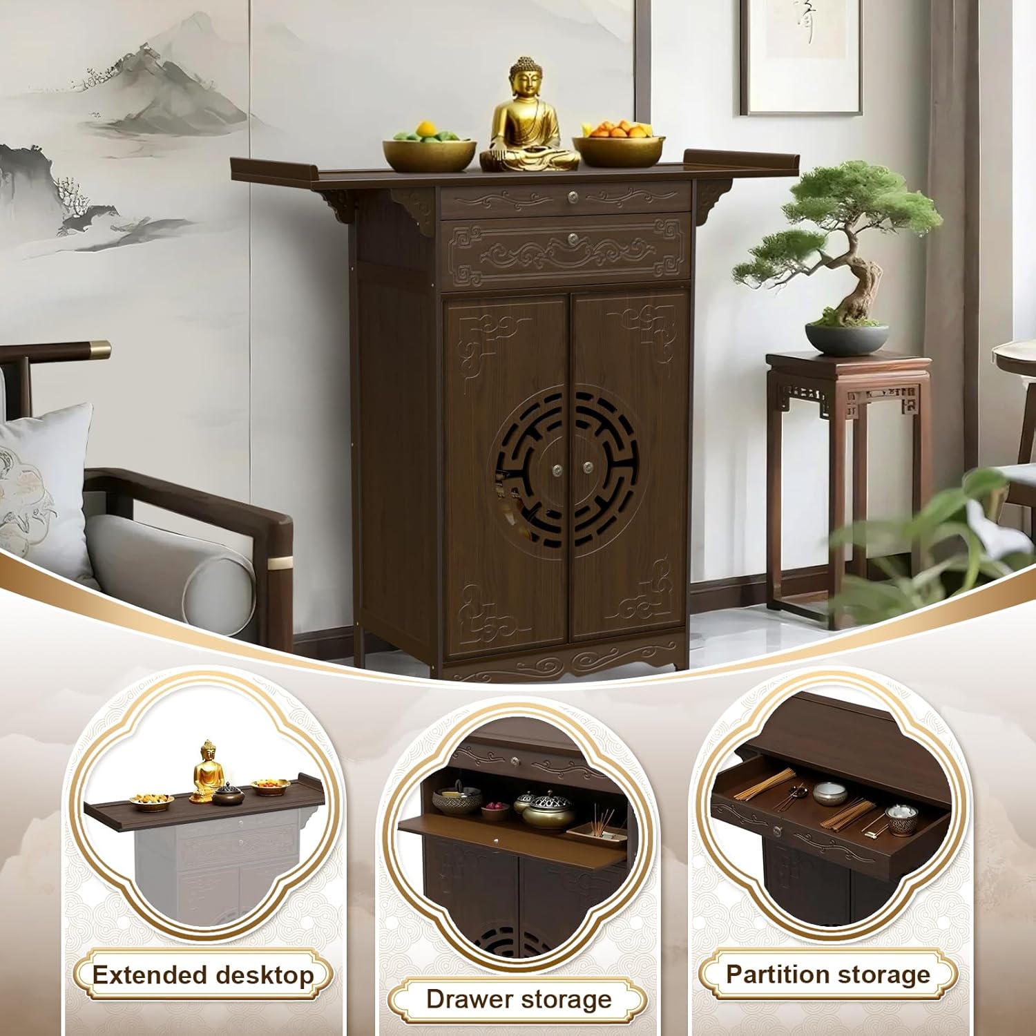Altar Table for Spiritual, Buddhist Altar Table with Storage, Intricate Chinese Meditation Cabinet Pedestal Offering Desk, Personal Prayer Shrine Desk for Incense and Pray