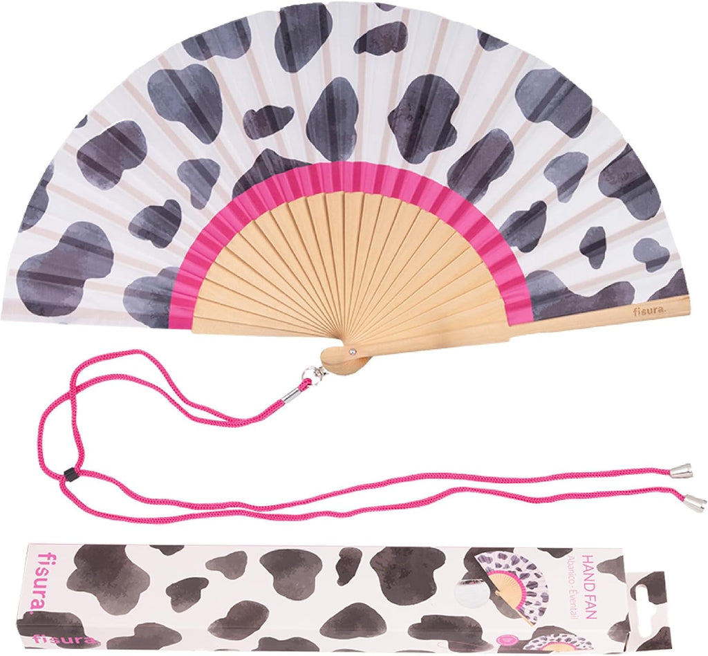 FISURA Wooden Hand Fan with Eye-catching Black and White Cow Pattern Original Stylish Accessory Portable Handheld Fan with Handy Hanger Dimensions: 42.5 x 23 cm