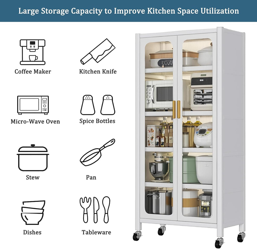 65.16" Tall Kitchen Pantry Storage Cabinet, Large Kitchen Display Cabinet with Wheels, Freestanding Buffet Cabinets with Adjustable Shelf & 2 Doors for Home, Dining Room, Living Room, White