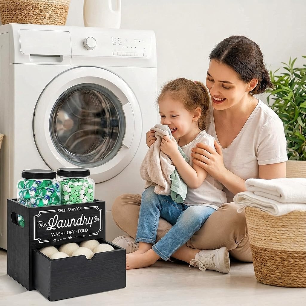Laundry Pods Container and Dryer Sheet Holder for Laundry Room Organization&Decor, Detergent Powder Container Include 2 Plastic Jars with Lids for Powder, Pods, Scent Booster Beads