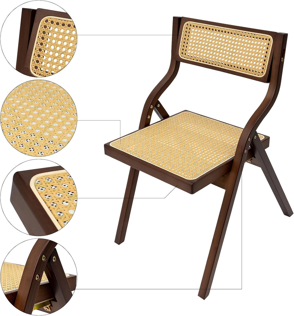 Folding Rattan Dining Chair Tea-Brown, Foldable Tea-Tone Wicker Armchair for Living Room Bedroom Restaurant Balcony, Space-Saver Collapsible Seat, Lightweight Bamboo-Look Frame, No-Assembly