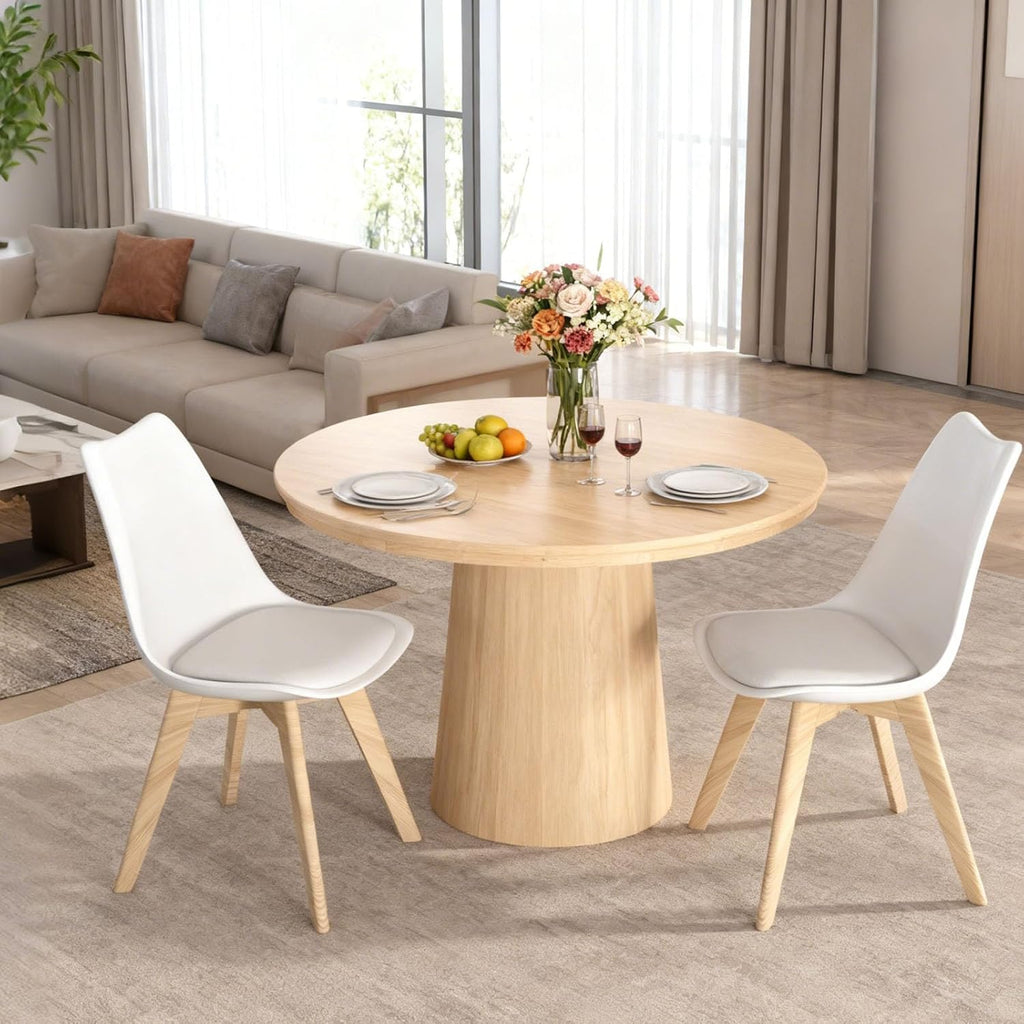 Dining Chairs Set of 4, Mid-Century Modern Kitchen Chairs with Wood Legs and Cushion, Leather Dining Chairs Set for Living Room, Kitchen, Outdoor Lounge, White 4 Pack