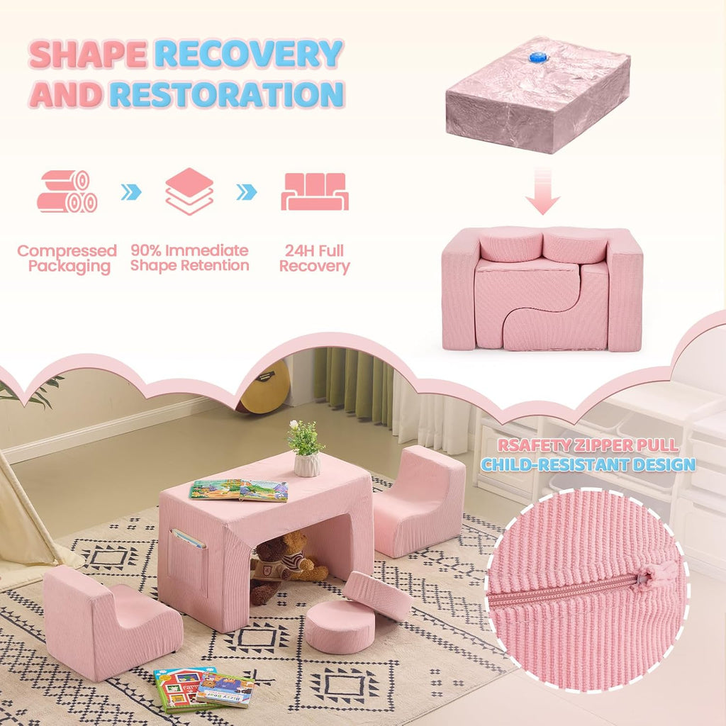 JOYMOR Modular Kids Play Couch, 6PCS Convertible Corduroy Foam Sofa Set, DIY Building Fort for Toddlers, Soft Kids Furniture for Playroom, Bedroom, Gift for Boys & Girls, Pink | Soft Sponge
