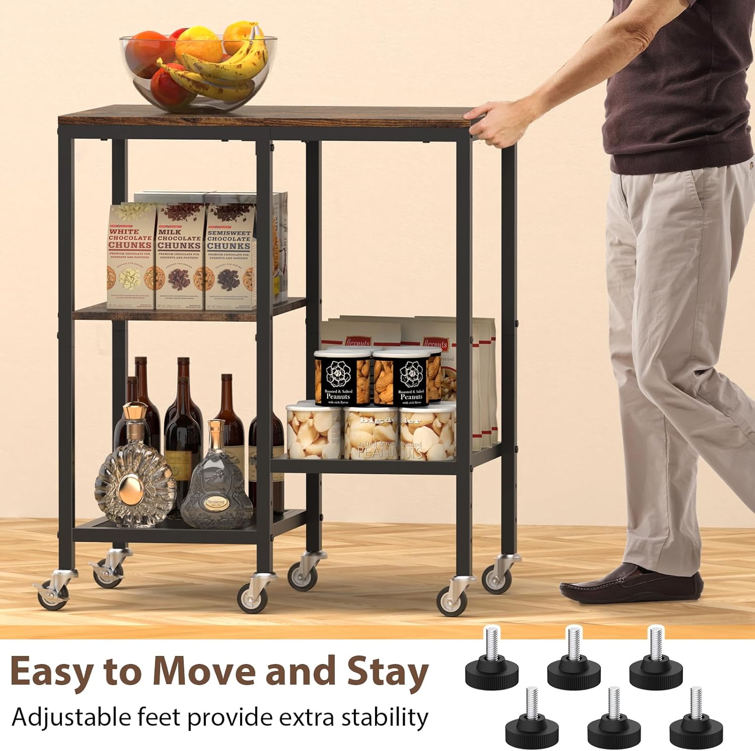 OGEMXU Kitchen Microwave Cart,Microwave Stand with Wheels,Coffee Bar Table Station,4-Tier Rolling Baker's Rack,Small Appliance Storage Shelf,Utility Side Table for Kitchen,Living Room (Rustic Brown)
