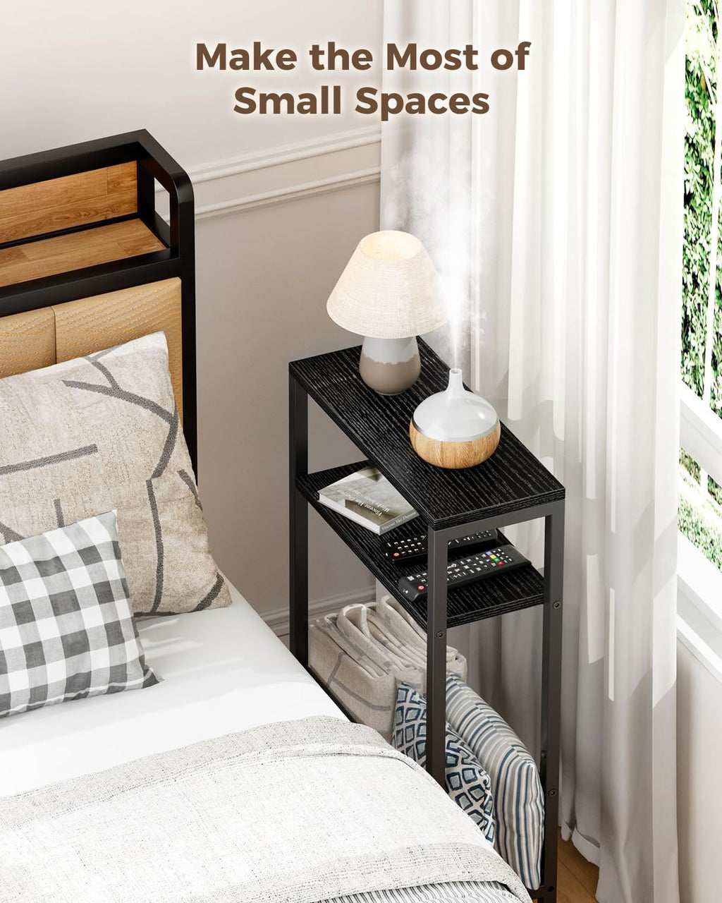 Karii Narrow Side Table, Skinny End Table for Small Spaces with Storage, 3-Tier Slim Wooden Bedside Nightstand Thin Couch Table for Living Room Bedroom Office Dorm Kitchen Bathroom (2, Black)