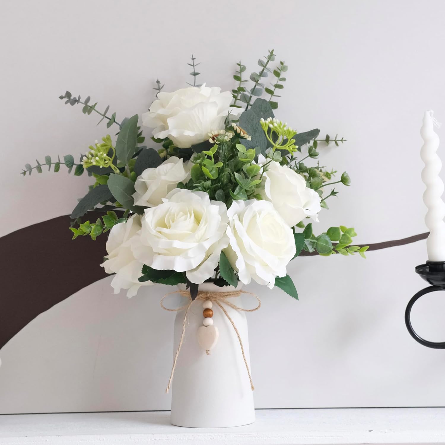 Charming 6-Inch Ceramic Vase | Jute Rope & Heart Charm Vase for Bohemian Farmhouse & Boho Décor, White Color