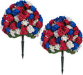 BLOSMON 4th of July Topiary Balls: Outdoor Set of 2 Red White Blue 29" H X 19.7" W Artificial Geraniums for 250 Anniversary Porch Decoration - Patriotic Fake Flowers Bush for Patio Planter
