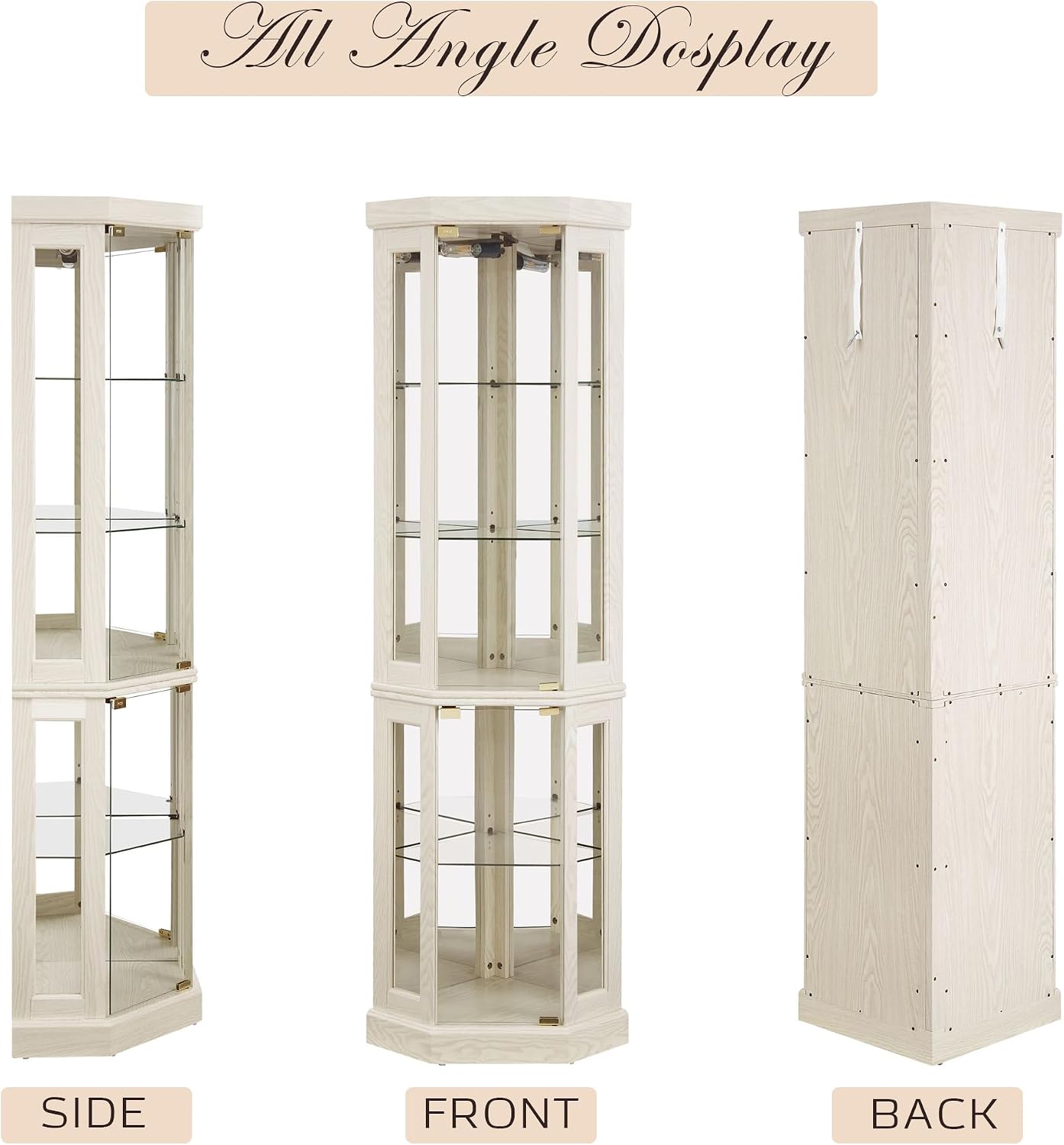 Corner Curio Cabinet, 70" H Lighted Glass Display Cage with Tempered Glass Doors and Adjustable Shelves, Bulb Inclued, Wine Bar China Cabinet for Living Room Liquor Storage (White)