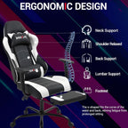 Gaming Chair with Footrest, Video Game Chair with Massage, PU Leather Computer Chair, Lumbar Support for Men Women, Home Office, Height Adjustable, Ergonomic High Back, White