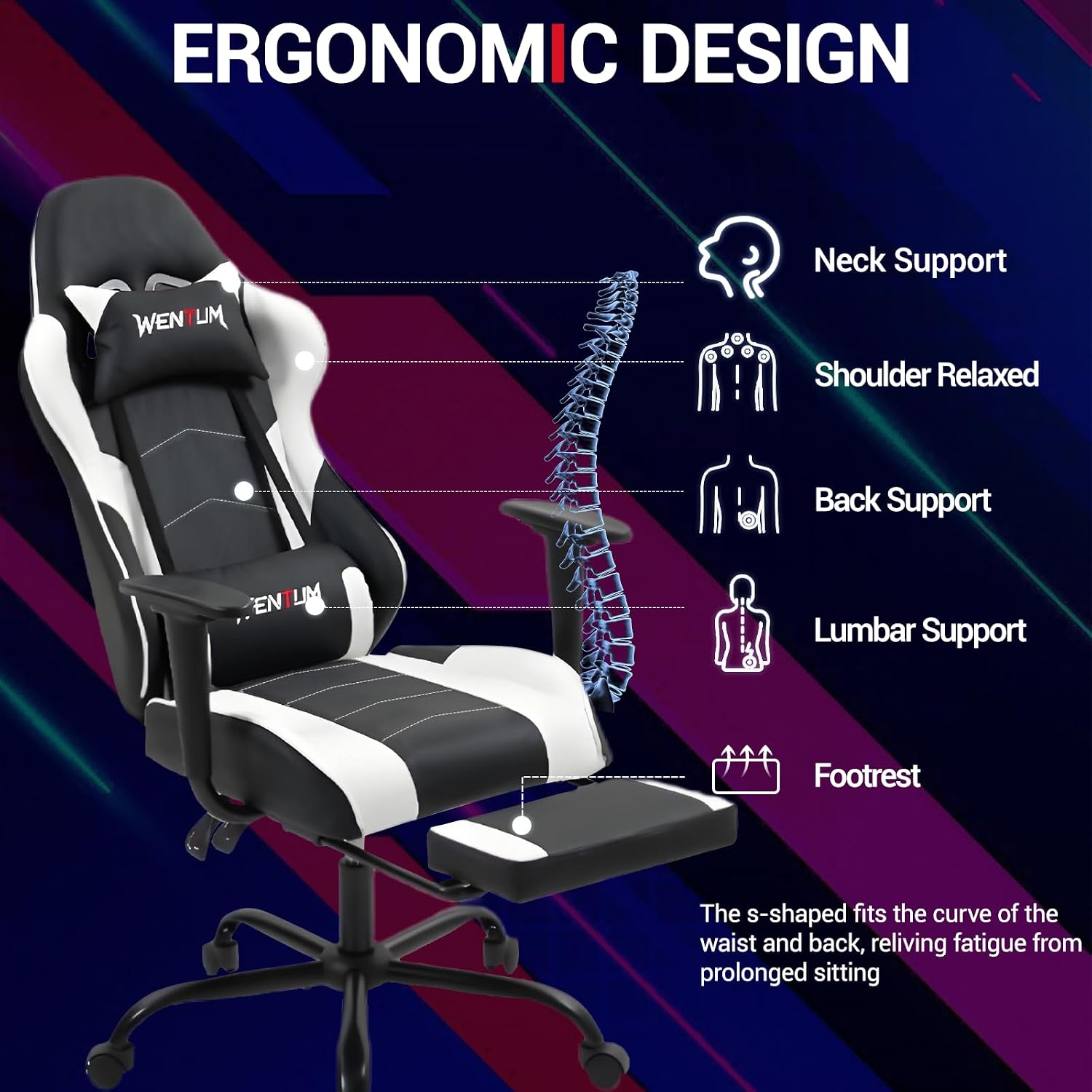 Gaming Chair with Footrest, Video Game Chair with Massage, PU Leather Computer Chair, Lumbar Support for Men Women, Home Office, Height Adjustable, Ergonomic High Back, White