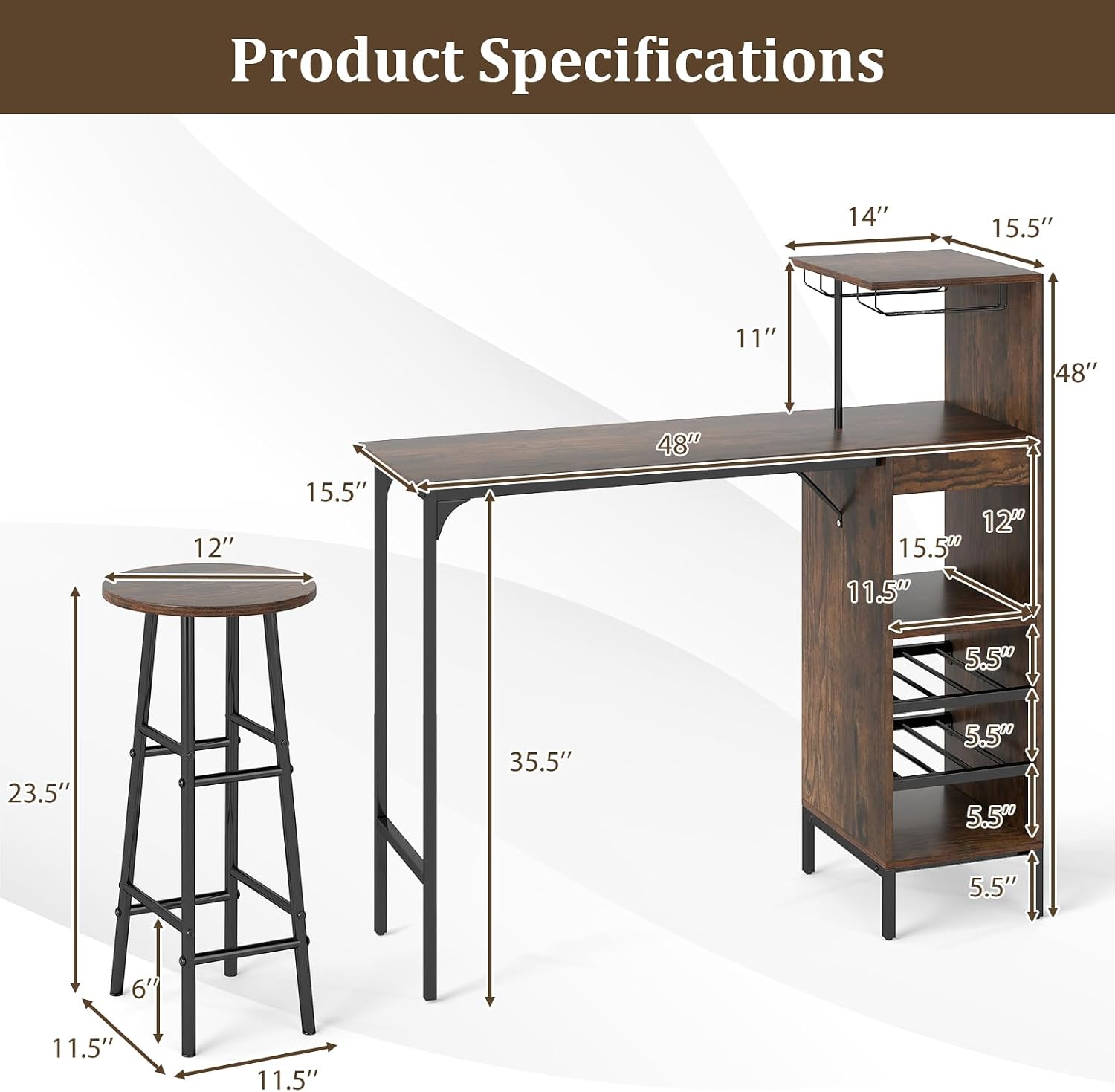 GOFLAME Bar Table Set for 2, Counter Height Dining Table Set with Shelves, Cup Holder & Wine Rack, Breakfast Table & Stools Set, 3-Piece Pub Table Set for Kitchen, Dining Room, Rustic Brown