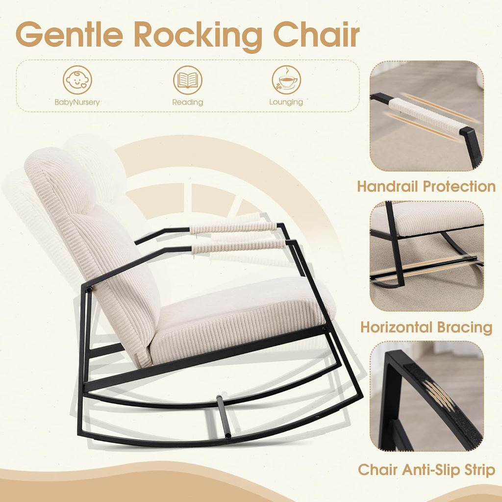 HOMEFUN Nursery Rocking Chair,Patio Rocking Chair,Upholstered Glider Rocker with Padded Seat and High Backrest Safe and Comfy Armchair for Living Room Office,Front Porch, Garden, Patio, Backyard Cream