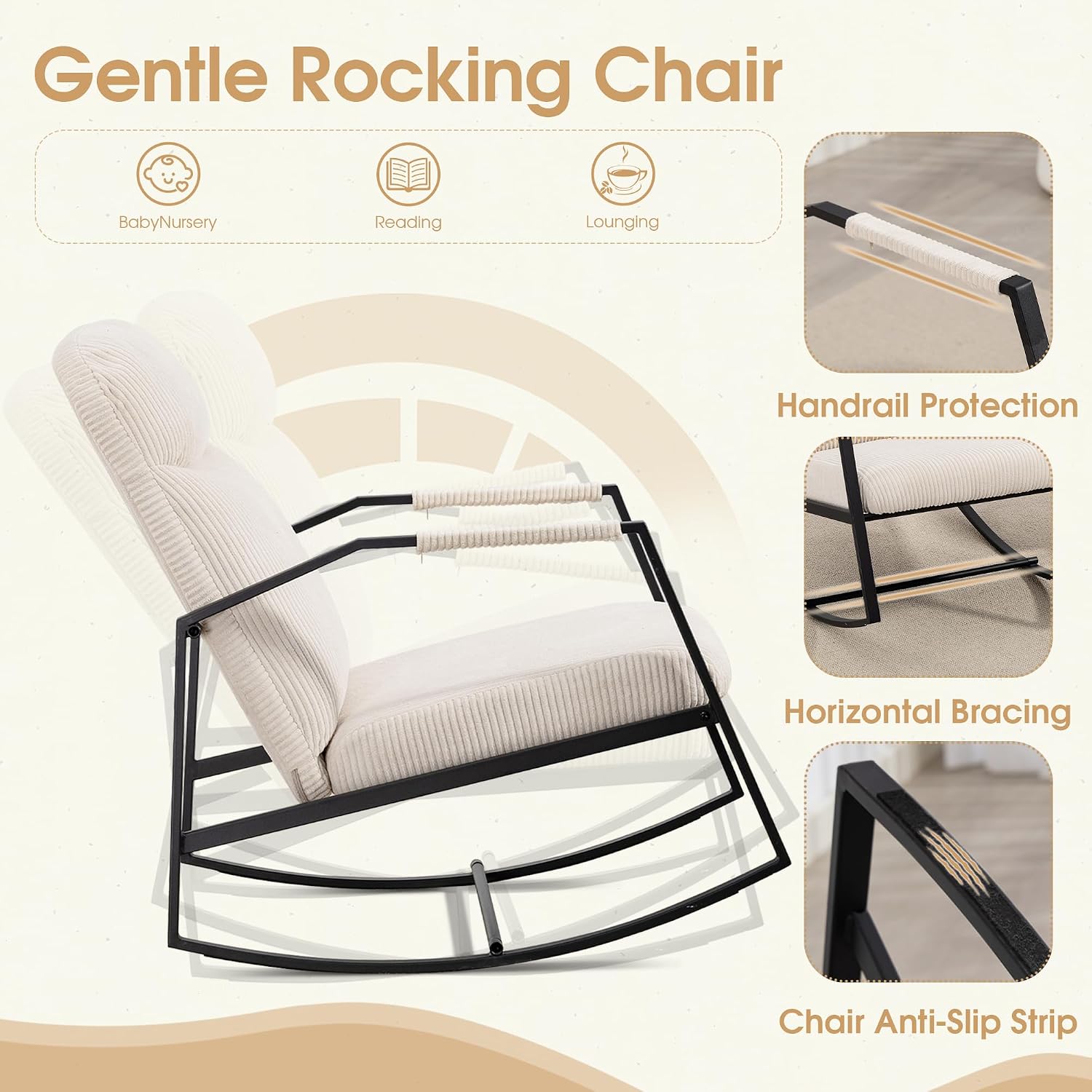 HOMEFUN Nursery Rocking Chair,Patio Rocking Chair,Upholstered Glider Rocker with Padded Seat and High Backrest Safe and Comfy Armchair for Living Room Office,Front Porch, Garden, Patio, Backyard Cream