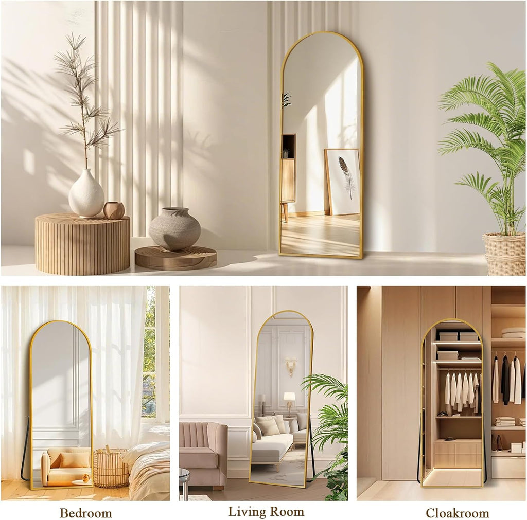 57"x19" Full Length Mirror, Arched Full Body Standing Mirror, Leaner Floor Mirror, Anti-Shatter Glass & Thin Alloy Frame, for Bedroom Living Room Entryway, Gold