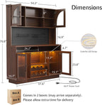 71" Tall Kitchen Pantry Storage Cabinet with LED Lights & Charging Station, Farmhouse Coffee Bar Cabinet with Adjustable Shelves & Pegboard, Pantry Cabinet with Countertop & Microwave Stand (Walnut)