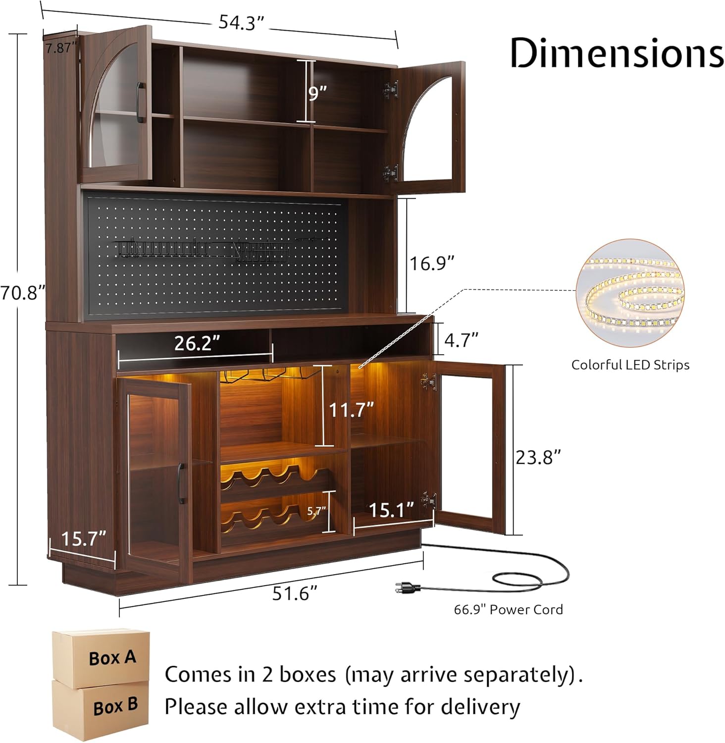 71" Tall Kitchen Pantry Storage Cabinet with LED Lights & Charging Station, Farmhouse Coffee Bar Cabinet with Adjustable Shelves & Pegboard, Pantry Cabinet with Countertop & Microwave Stand (Walnut)