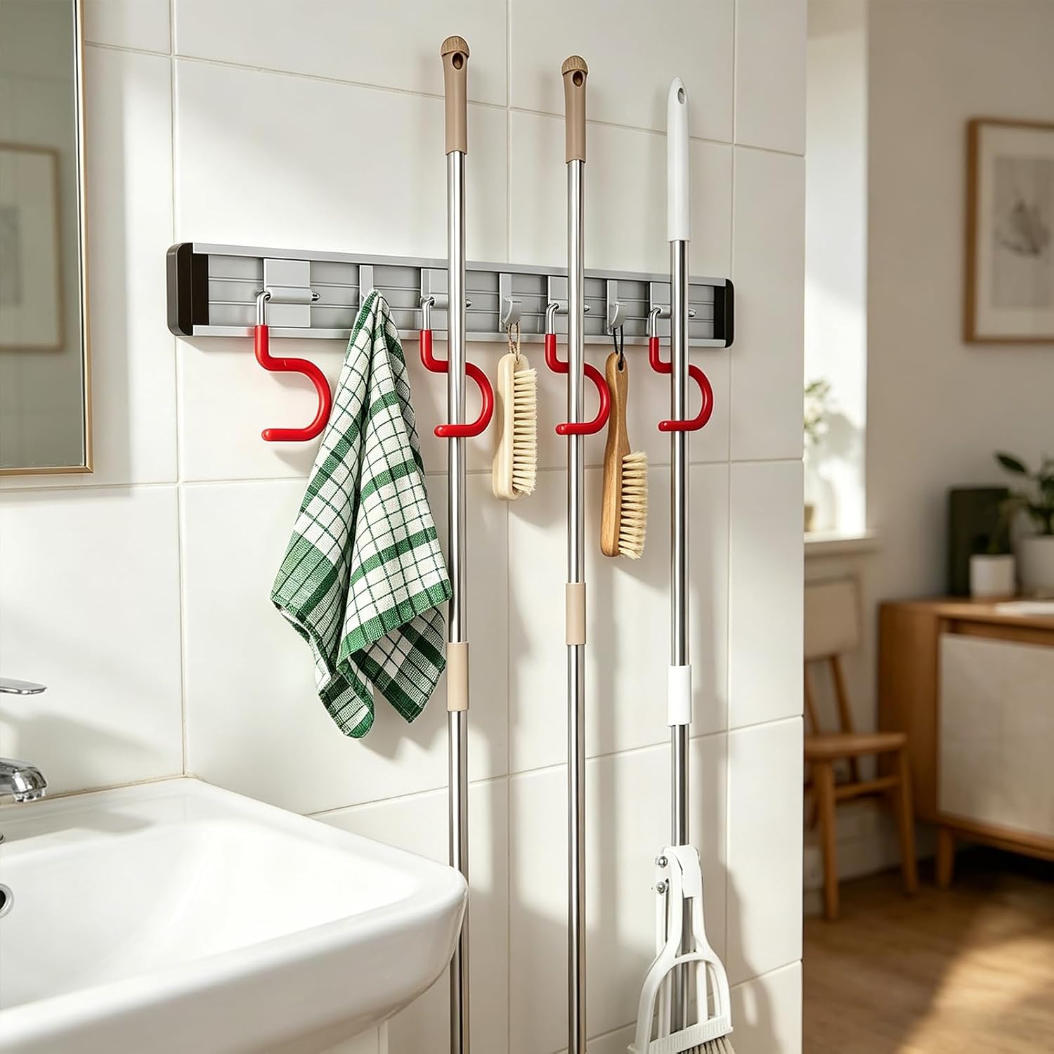Wall Mounted Mop and Broom Holder Stainless Steel S Type Broom Rack Anti-Slip Mop Organizer (17 Inches,4 Positions 3 Hooks, Red White)